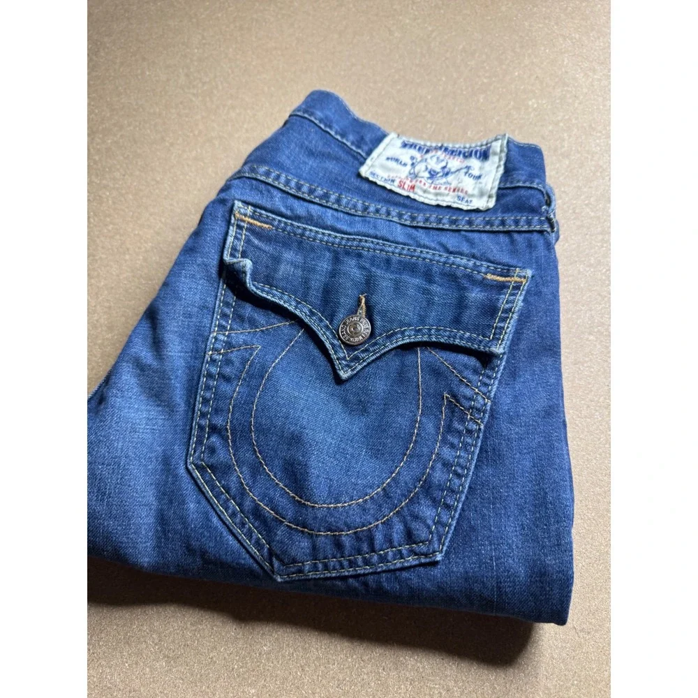 True Religion Slim Section Mens Blue Denim Jeans Size 32 Made in USA Button Fly